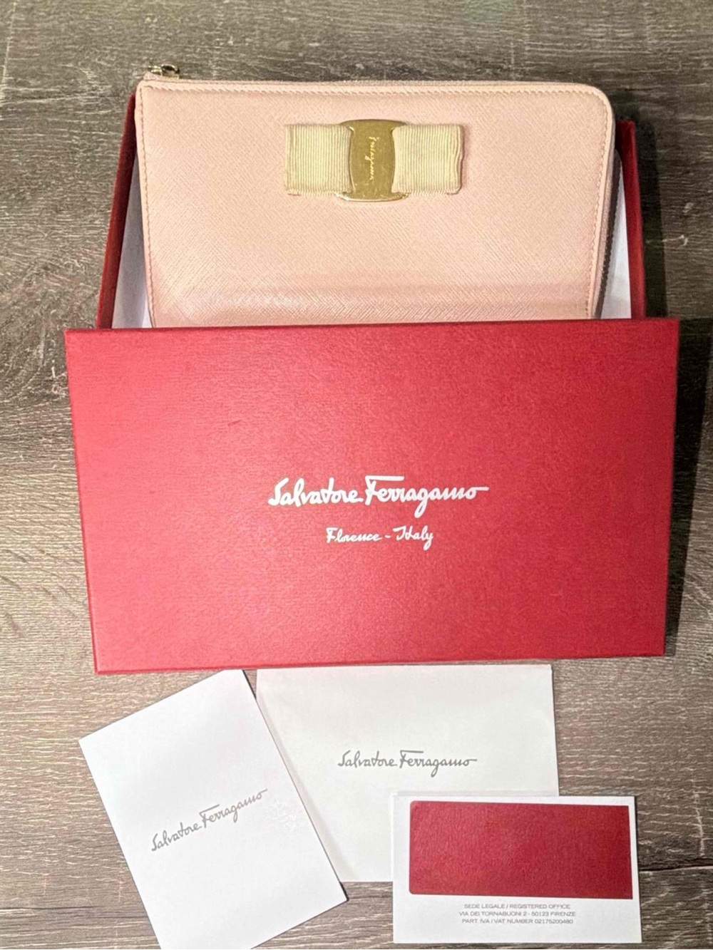 Salvatore Ferragamo Light Pink Bow Zip-Around Wallet with COA